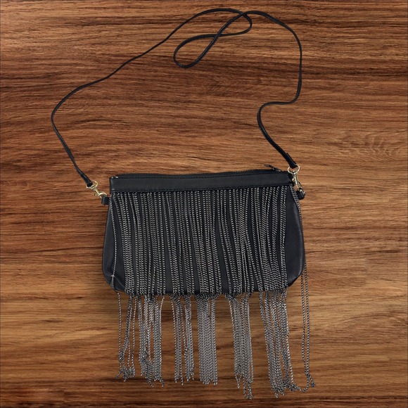 Black Chain Fringe Crossbody Bag Evening‎ Clutch Purse Floral Lined - Picture 1 of 8